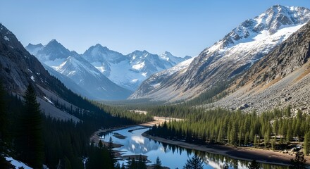 Stunning mountain landscape with a river flowing through a lush pine forest valley