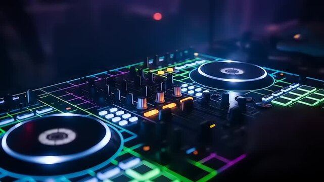 DJ Mixer Console in Neon Light Show.