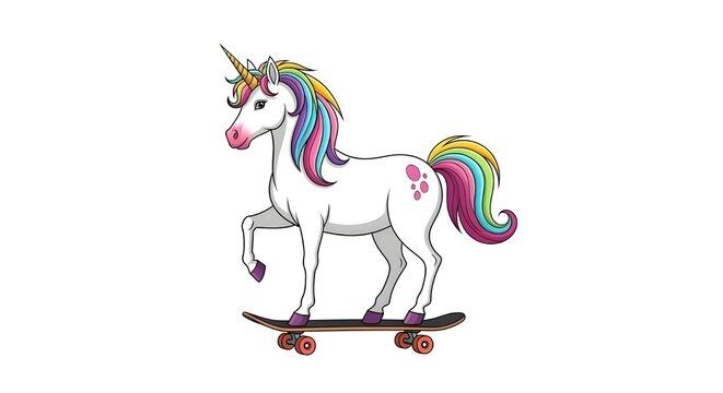 Funny cartoon unicorn with rainbow hair riding a skateboard isolated on white background