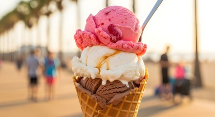 Colorful triple scoop ice cream cone on a sunny beach boardwalk