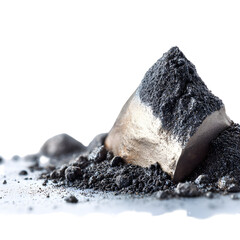 Pile of dark powder and stone against a transparent background