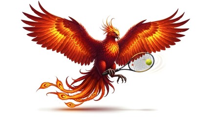 Obraz premium Fiery phoenix mascot holding a tennis racket and ball isolated on white background