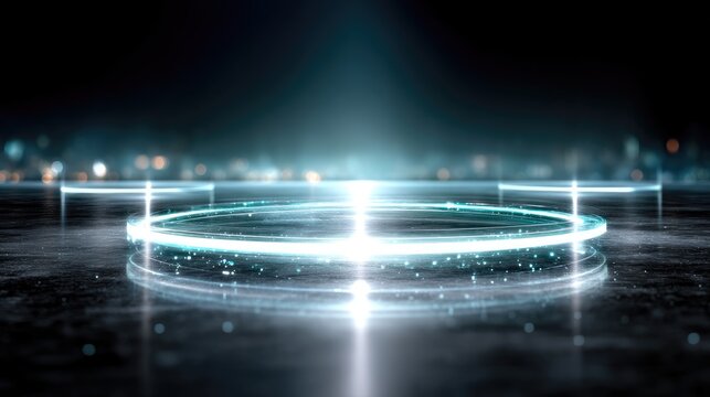 Futuristic Holographic Interface Display with Circular Platform on Dark Gray Grunge Surface and Blurred Cityscape Background