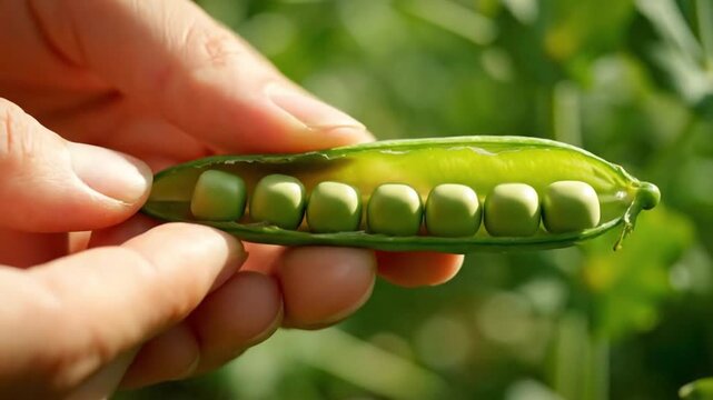 A gardener's hand gently opens a freshly harvested green pea pod, revealing a perfect row of sweet peas in a sunlit garden