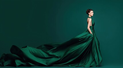 Elegant woman in flowing emerald gown poses gracefully against a deep teal backdrop