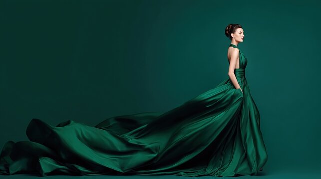 Elegant woman in flowing emerald gown poses gracefully against a deep teal backdrop - Powered by Adobe