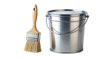 3D Small Detail Paintbrush and 3D Large Industrial Paint Bucket, isolated on transparent background