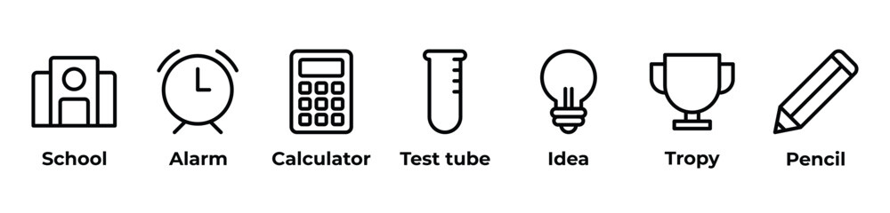 From Alarms to Ideas  Icons set vector illustration with School, Alarm, Calculator, Test tube, Idea, Tropy, Pencil