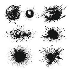 Abstract black ink splatters on transparent background for design elements