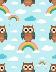 Cute owls on rainbows and clouds