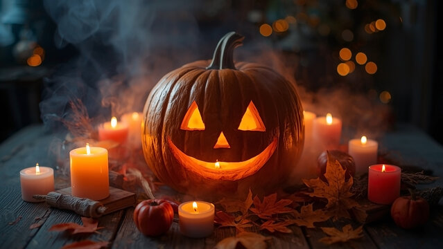 Festive carved Jack-o'-lantern pumpkin glowing with candlelight in a smoky, dark, and spooky autumn setting for Halloween