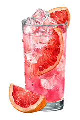 Refreshing pink grapefruit juice cocktail with ice and fruit slices