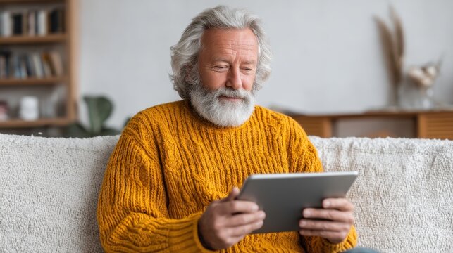 Senior man with gray hair and beard using tablet device while sitting on sofa in cozy living room with warm sweater and relaxed atmosphere