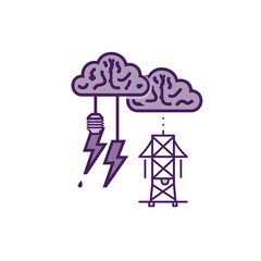 Illustration of brain shaped clouds with lightnings lightbulb and power pylon