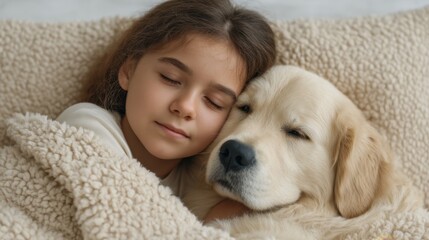 Little girl peacefully sleeping with her golden retriever, embracing warmth and comfort in a cozy blanket, showcasing a tender moment of friendship and love