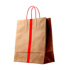 Brown paper shopping bag with red stripe and handles against transparent background