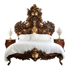 Ornate bed with decorative headboard and nightstands transparent background