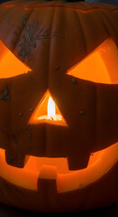 Glowing Carved Pumpkin with Candle for Halloween Decoration