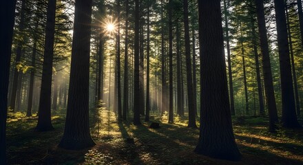 Obraz premium Sunlight streaming through tall trees in a deep forest isolated PNG with Transparent Background