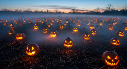 Glowing Jack O Lanterns in Foggy Field at Dusk