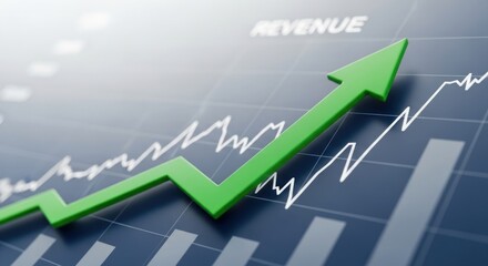 Obraz premium Green arrow pointing upwards on a financial graph with the word 'REVENUE' at the top.