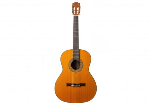 Acoustic guitar with wooden body isolated on a transparent background