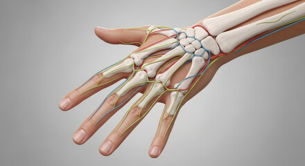 Anatomical illustration of human hand bones muscles nerves and vessels