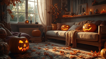 Obraz premium Cozy Living Room Decorated for Halloween with Glowing Pumpkins and Autumn Leaves