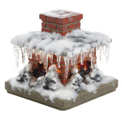Decorative brick chimney with snow and icicles on transparent background