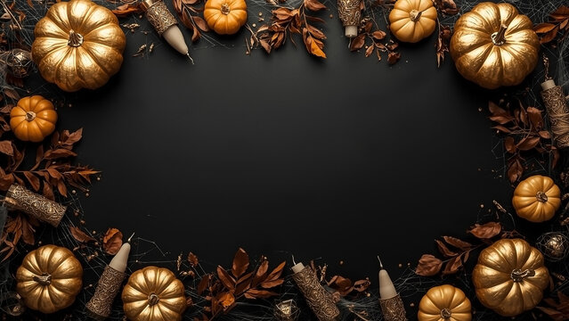 Golden pumpkins and autumn leaves frame a dark backdrop, perfect for seasonal celebrations and decorative themes