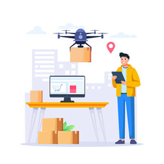 Drone delivery, smart logistics concept. Manager controls cardboard packages delivered by copters, aerial robots.