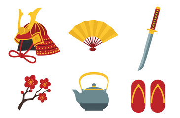 Collection of Japanese cultural symbols, including a samurai helmet and katana.