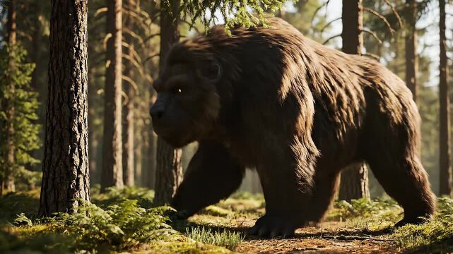 Hairy ape walking through a sunny forest scene
