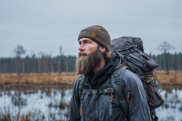 Obraz premium Attractive bearded man trekking through wetlands and appreciating the scenery Outdoor adventure and fishing idea