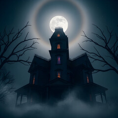 Spooky House Under Full Moon at Night with Fog and Bare Trees