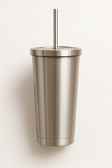 Reusable stainless steel tumbler with straw isolated on white background – sustainable drinkware concept.