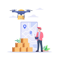 Drone delivery, smart logistics concept. Manager controls cardboard packages delivered by copters, aerial robots.