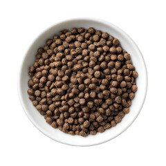 Dry pet food pellets in white ceramic bowl on transparent background
