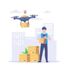 Drone delivery, smart logistics concept. Manager controls cardboard packages delivered by copters, aerial robots.