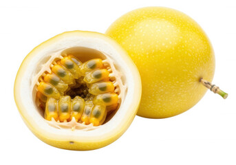 Naklejka premium Yellow passion fruit cut open isolated on a transparent background