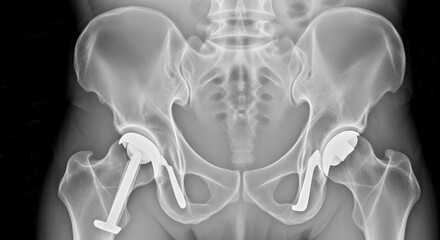 Radiograph of bilateral hip arthroplasty with visible prosthetic implants and screws