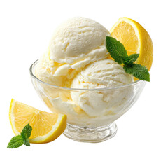 Refreshing lemon ice cream with mint and fresh lemon slice