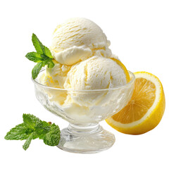Refreshing lemon ice cream with mint and fresh lemon slice