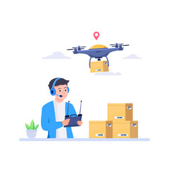 Drone delivery, smart logistics concept. Manager controls cardboard packages delivered by copters, aerial robots.