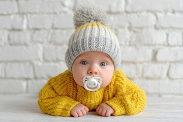 Tiny baby boy in a yellow sweater with a cute inquisitive expression lying on his stomach with a pacifier wearing a New Year s hat against a white brick wall