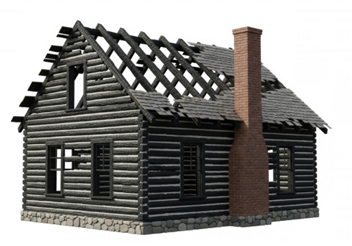 Burned log cabin with brick chimney isolated on a transparent background