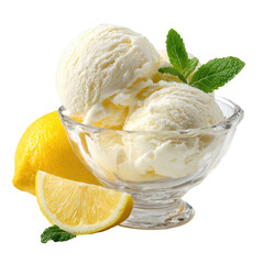 Refreshing lemon ice cream with mint and fresh lemon slice