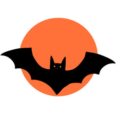 A large bat flies amidst a full orange moon.
