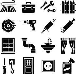 Fototapeta premium A collection of sixteen different home improvement and repair icons in black silhouette style
