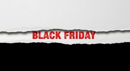 Black Friday Deals Revealed: Bold Black Friday text is dramatically revealed through torn paper, with a stark black background that suggests limited-time savings and exclusive offers.